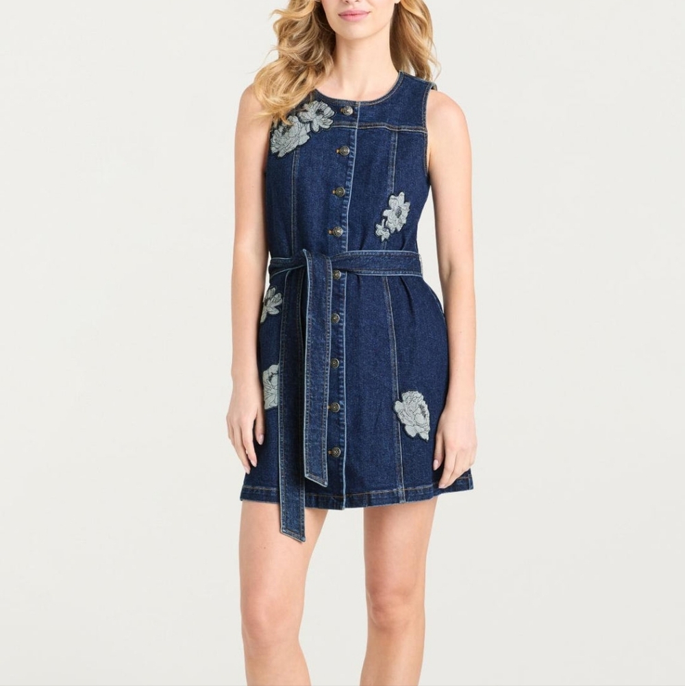 Cinq à Sept Marsha Floral Appliqué Mini Denim Dress - Picture 2 of 11